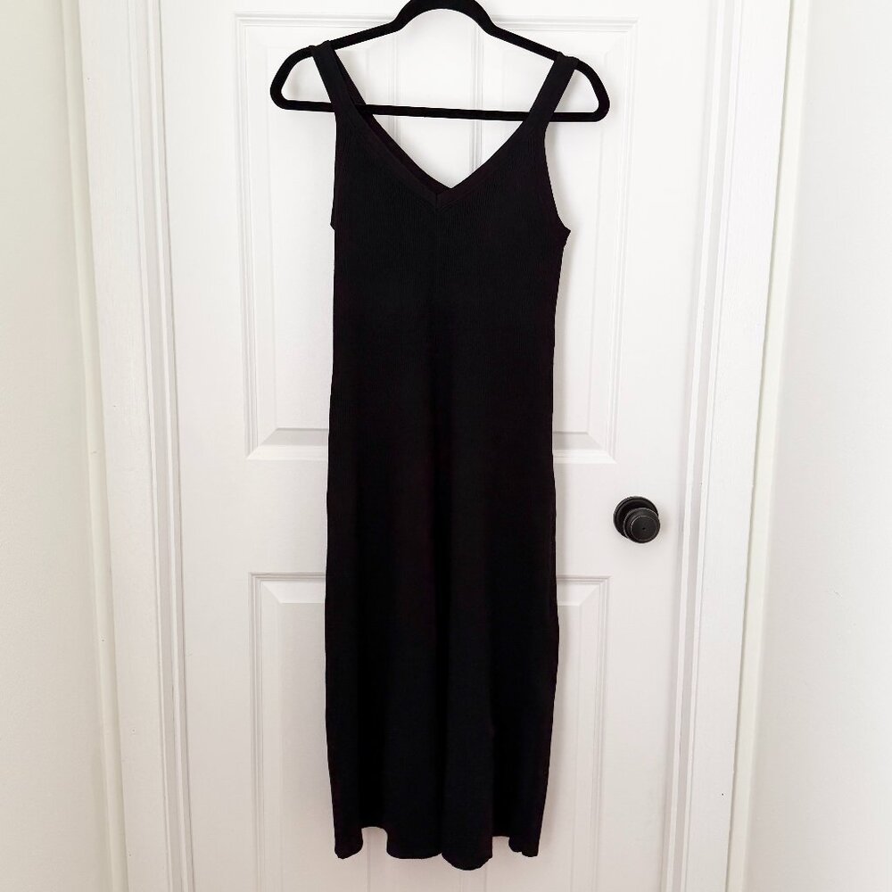 Women Elie Tahari Ribbed V Neck Midi Dress Casual in Black Size Large